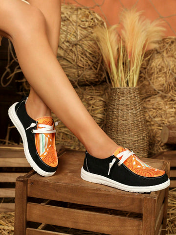 Black And Orange Floral Women's Casual Shoes