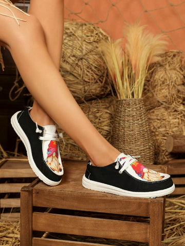 Women's Fashionable Cartoon Image Printed Slip-on Sneakers With Lace-up Design