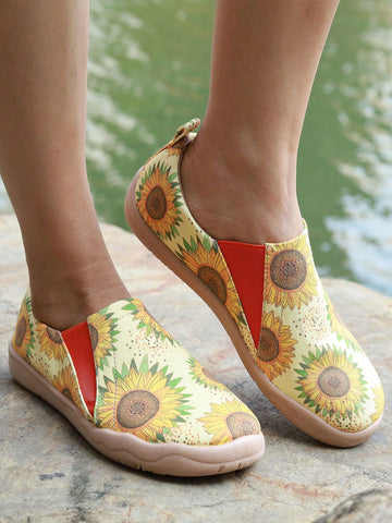 Women's Fashionable Outdoor Slip-on Shoes With Sunflower Print, Yellow