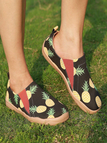Women's Cartoon Pineapple Pattern Slip-on Casual Shoes For Outdoor Activities In All Seasons