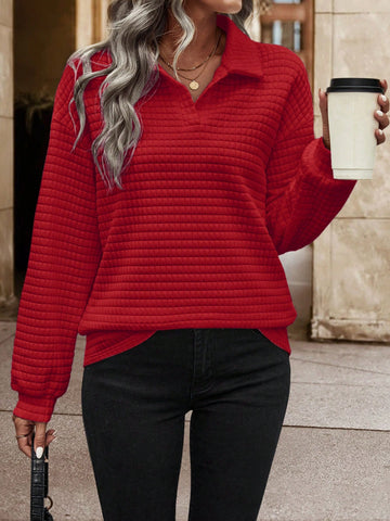 Ladies' Solid Color Waffle Grid Turn-down Collar Long Sleeve T-shirt