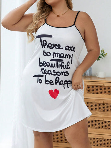 Plus Size Women's Slogan Printed Sleepwear Cami Dress
