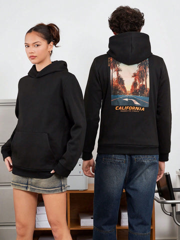 1pc Knitted Hoodie Sweatshirt With Photo And Text Print