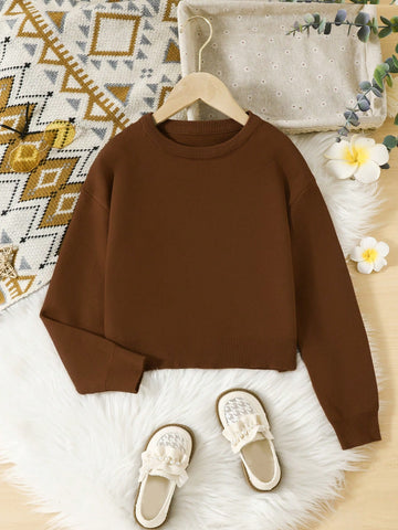 Tween Girls' Casual Basic Round Neck Solid Color Pullover Sweater