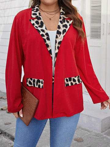 Women's Plus Size Red Leopard Print Lapel Collar Suit Jacket