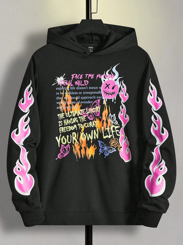Men's Hooded Sweatshirt With Flame And Slogan Print