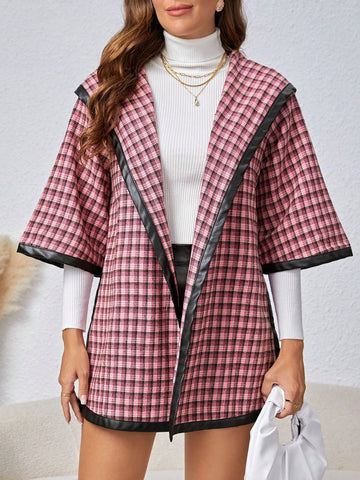 Women's Plaid & Color Collision Edge Hooded Woolen Coat