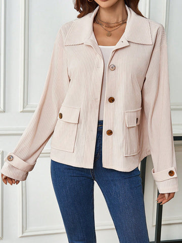 Women's Solid Color Button Front Jacket With Flap Pockets