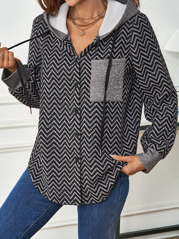 Hooded Regular Jacket With Zigzag Pattern Drawstring