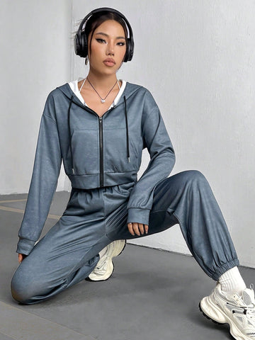 Women's Zippered Drawstring Hooded Sweatshirt And Sweatpants Two-piece Set