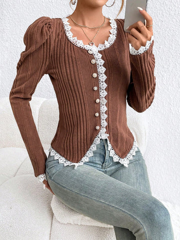 Ladies' Lace Patchwork Puff Sleeve Jacket
