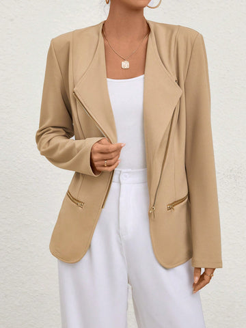 Women's Regular Fit Jacket With Large Lapel Collar And Zipper