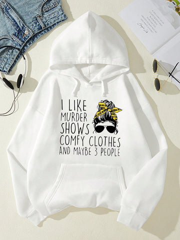 Women's Letter & Character Print Hooded Sweatshirt With Drawstring