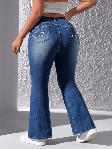 Women's Plus Size Denim Pants With Letter Embroidery And Bell-bottom Design