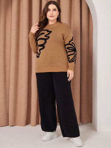 Plus Size Floral Embroidered Long Sleeve Pullover Sweater