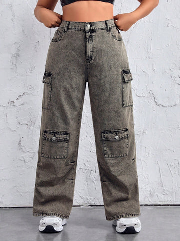 Plus Size Women'S Cargo Style Denim Jeans With Pockets