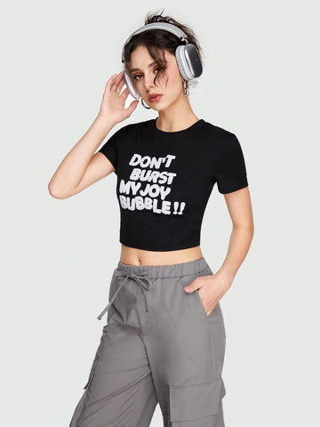 Slogan Printed Cropped Short Sleeve T-shirt