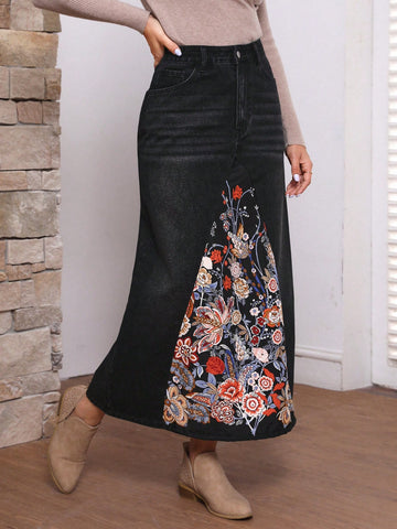 Women's Flower Printed Denim Half Skirt