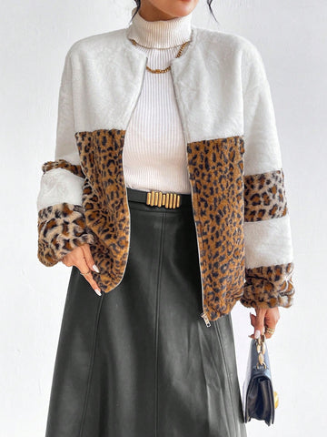Leopard Pattern Colorblock Drop Shoulder Fuzzy Coat