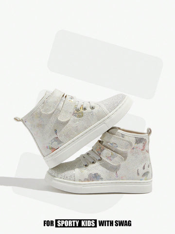 Girls' Glittering Sport Shoes, High-top And Flat, Silver, Trendy And Cool