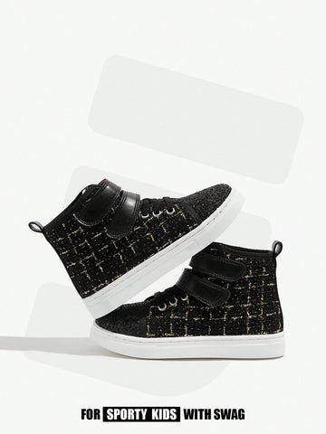 Black Fashionable Glitter Sparkle & Comfortable & Warm Children's High-top Flat Sneakers