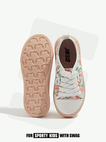 Basic And Versatile Floral Patterned Flat Low Top Sneakers For Kids' Casual And Fashionable Look