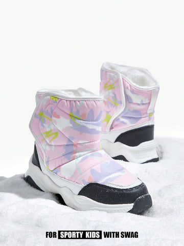 Fashionable Color Block Children's Flat-heeled, Comfortable & Warm Fleece-lined Snow Boots