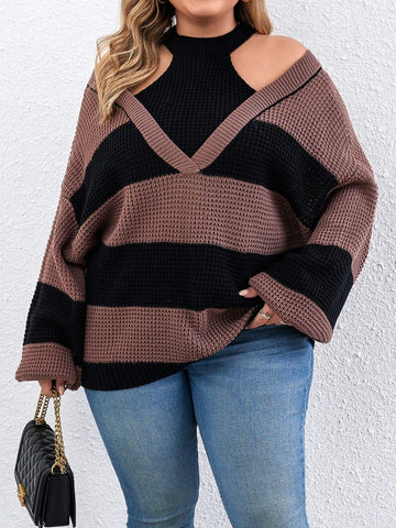 Plus Size Striped Off Shoulder Sweater