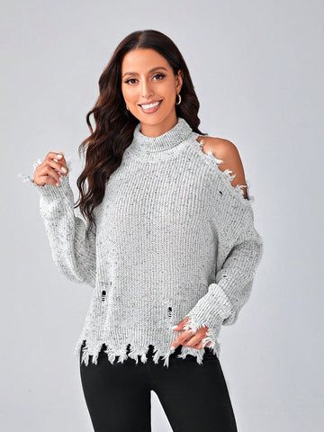 Women's Cold Shoulder High Neck Distressed Sweater