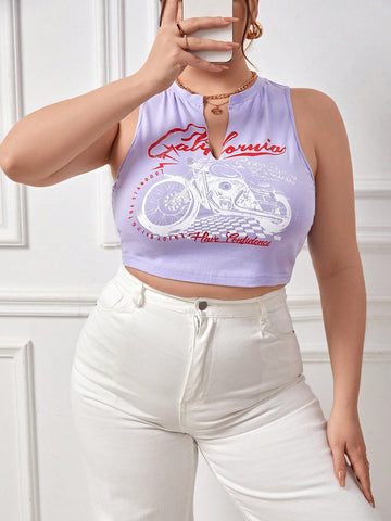 Plus Size Motorcycle & Text Print Notched Neckline Tank Top