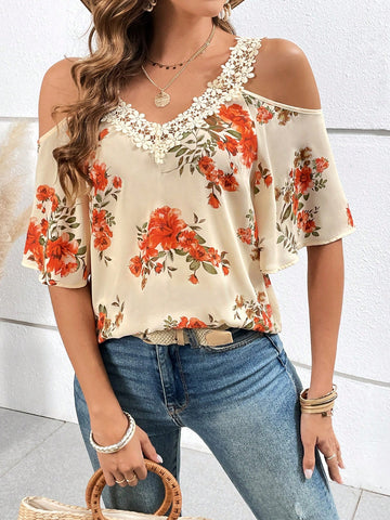 Women's Open Shoulder Printed Summer Vacation Blouse