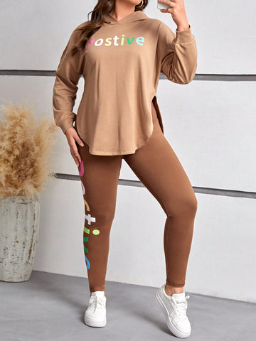 Plus Size Women's Letter Printed Hoodie And Leggings Set