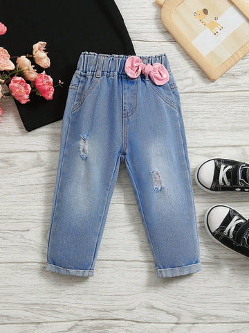 Baby Girls' Casual Basic Denim Jeans With Bowknot And Distressed Details
