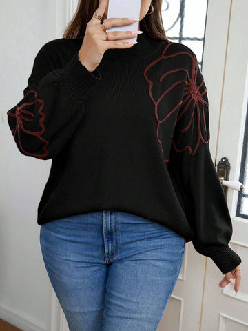 Women's Plus Size Floral Pattern Stand Collar Sweater