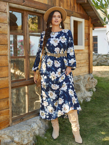 Women's Plus Size Floral Print Lantern Sleeve Dress With Round Neck