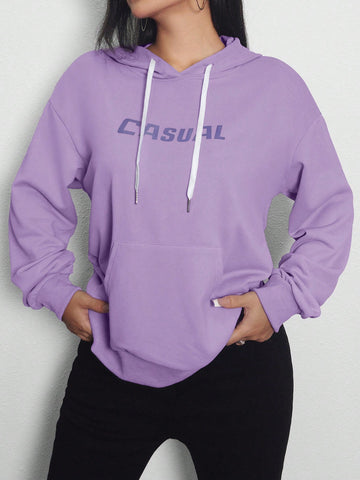 Women's Letter Printed Hoodie With Kangaroo Pocket And Drawstring