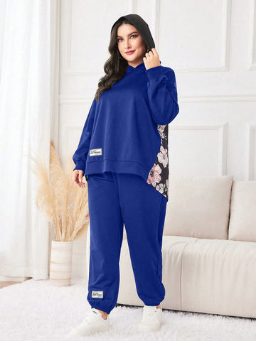 Plus Size Flower Print Patch Zipper Hoodie And Trousers Set With Badge Detail