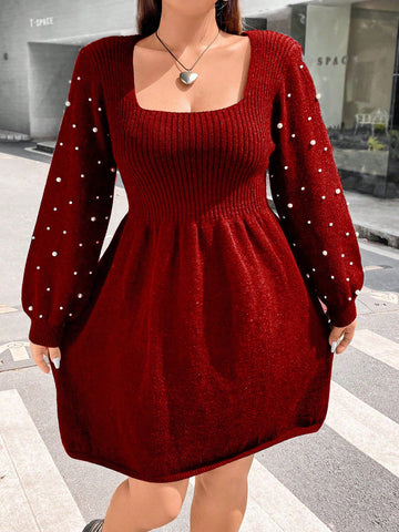 Women'S Plus Size Solid Color Pearl Decorated Square Neckline Cinching Waist Sweater Dress