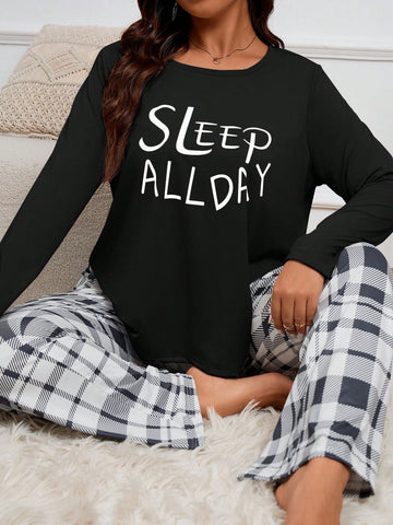 Plus Size Women's Slogan Printed Long Sleeve Top And Plaid Pants Pajama Set