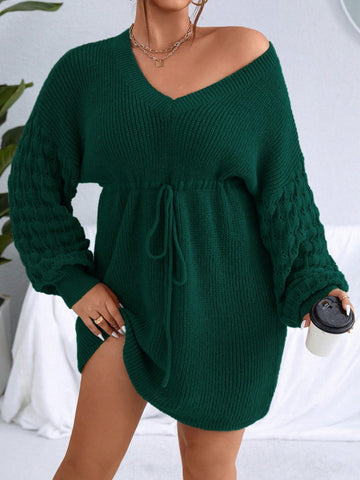 Plus Size V-neck Drawstring Waist Knitted Sweater Dress