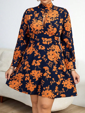 Plus Size Women'S Floral Printed Hollow Out Dress