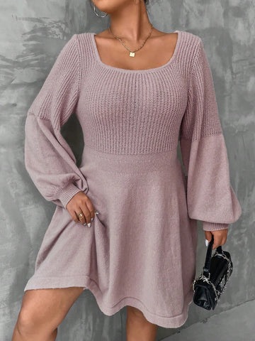 Plus Size Solid Lantern Sleeve Knitted Sweater Dress