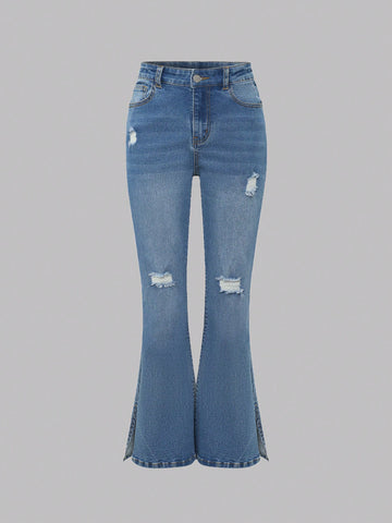 Teen Girls' Vintage Basics, Elastic & Comfortable Ripped Flared Jeans