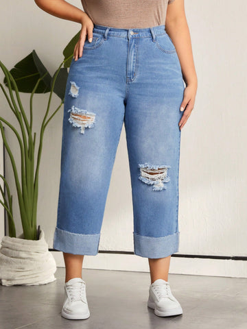 Women's Plus Size Distressed Water Wash Straight Leg Jeans