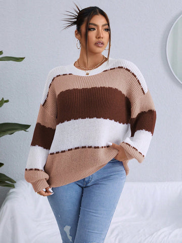 Plus Size Ladies' Striped Drop Shoulder Long Sleeve Sweater