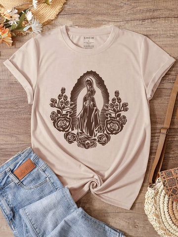Virgin Mary Print Short Sleeve T-shirt