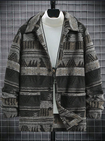 Men's Geometric Pattern Long Sleeve Woolen Coat