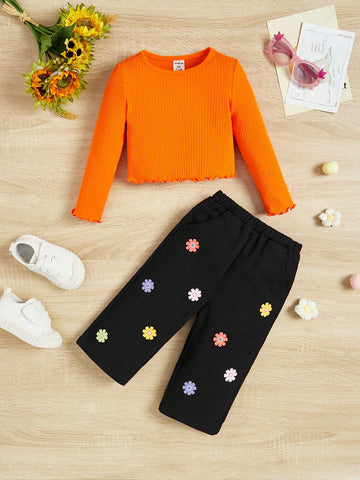 Baby Girls' Solid Color Top With Flower Printed Pants Set