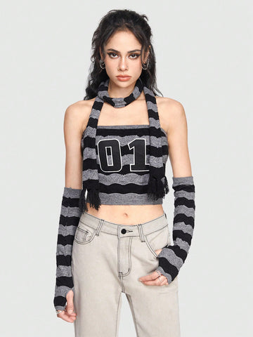 Street Style Outdoor Knitted Top For Women With Letter Patch, Embroidered Flower And Black & Grey Stripes Design, Comes With Sleevelet And Scarf