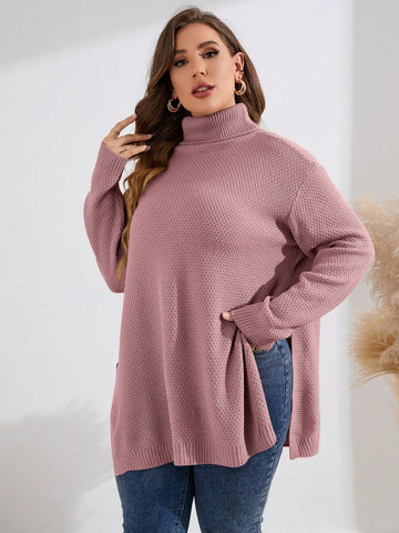 Plus Size High-necked Pure Color Slit Sweater